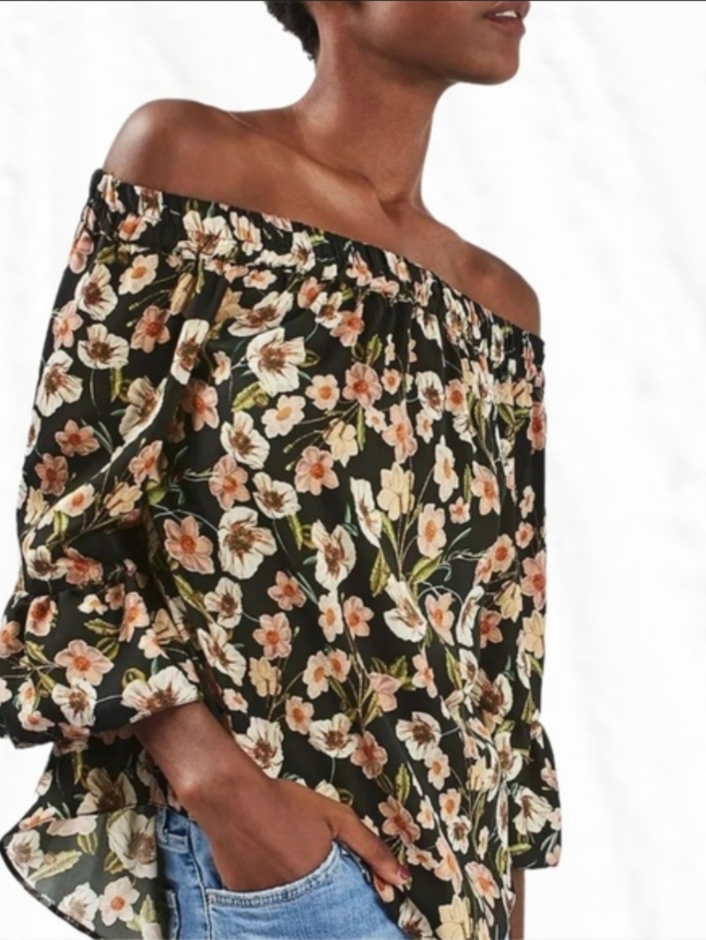 Topshop Black Floral Off-Shoulder Blouse
